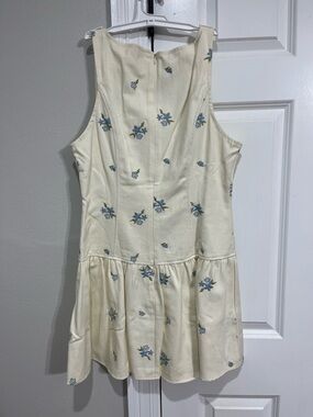 Pink Lily Cream Dress with Blue Floral Embroidery